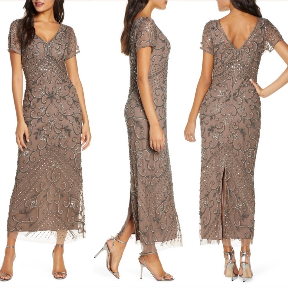 Pisarro Nights Beaded Mesh Column Gown
Taupe Mocha Aluminum Size 2